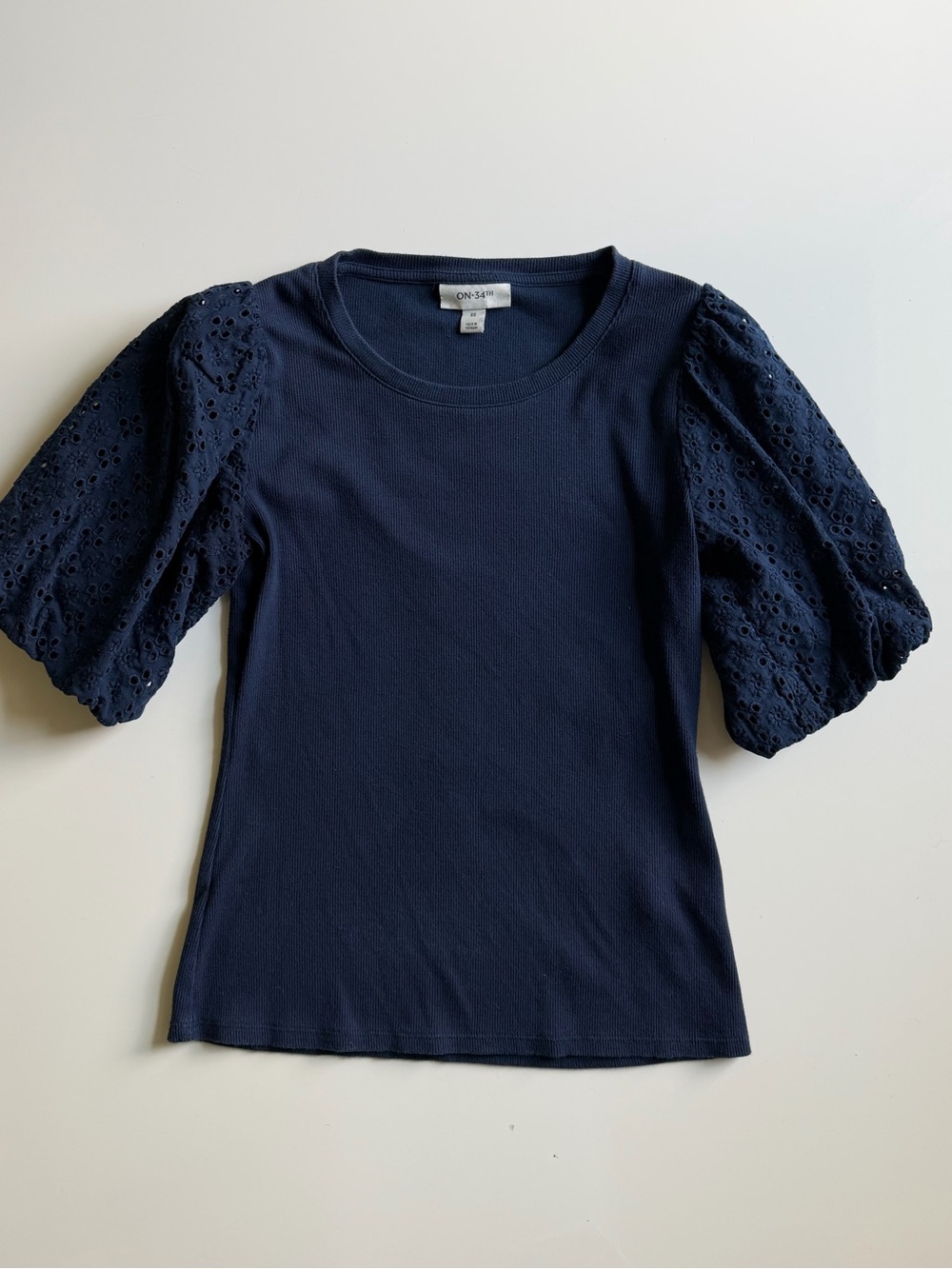 On 34th Navy Bubble Eyelet Sleeve Top- Size S